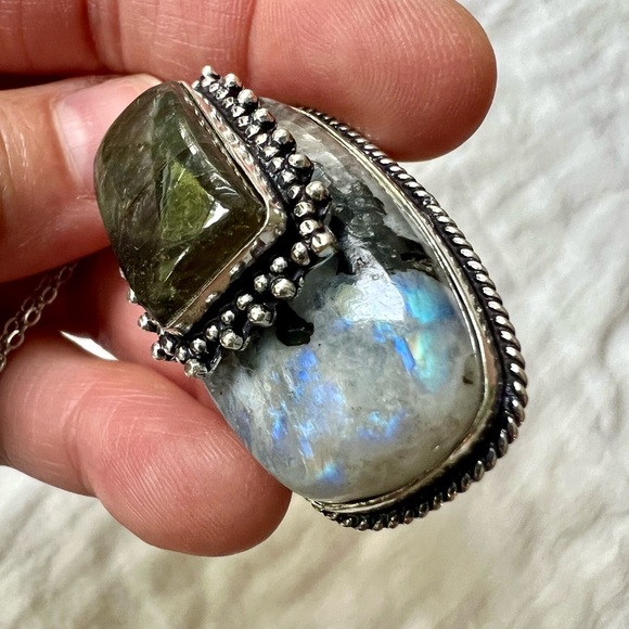 925 SUNSET Flash! Layered Labradorite on Moonstone w/ Black Tourmaline! necklace - Picture 3 of 10